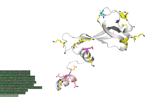 Example PyMOL visualization of identified PTMs of concern for provided input PDB structure