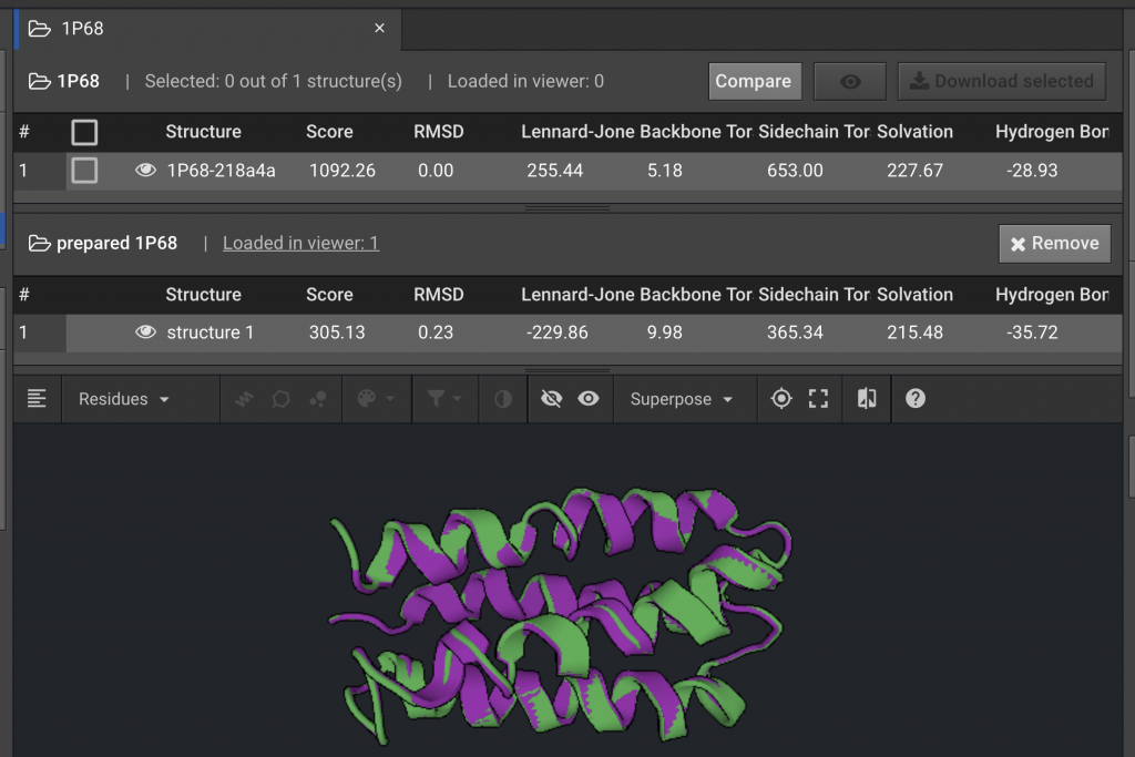 the viewer interface showing 1P68 compared to the prepared 1P68 structure. the scores for both structures are displayed and the two structures are aligned in cartoon view in the viewer