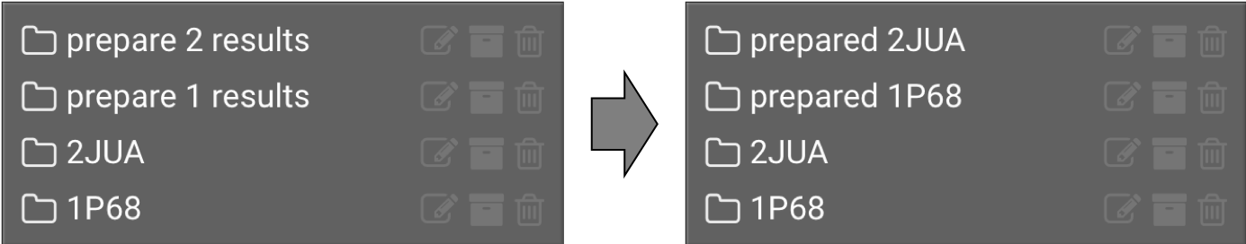 two screenshots of the Collections UI with 4 rows. On the left, the top two rows are labelled 'prepare 2 results' and 'prepare 1 results'. On the right these rows have been renamed to 'prepared 2JUA" and 'prepared 1P68'