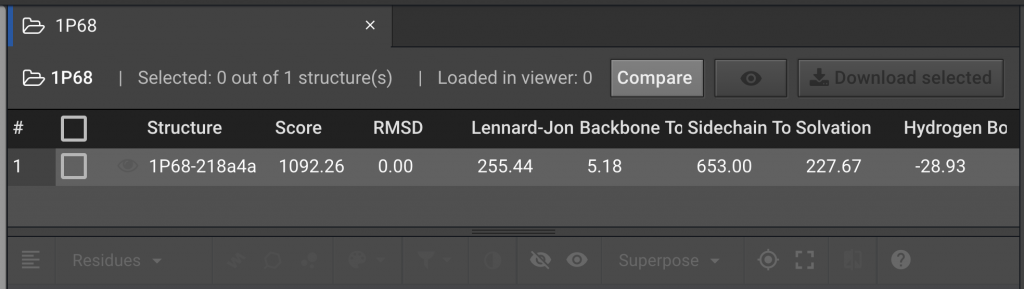 the UI tab for 1P68, showing the single loaded structure record with its scores and an empty checkbox on the left