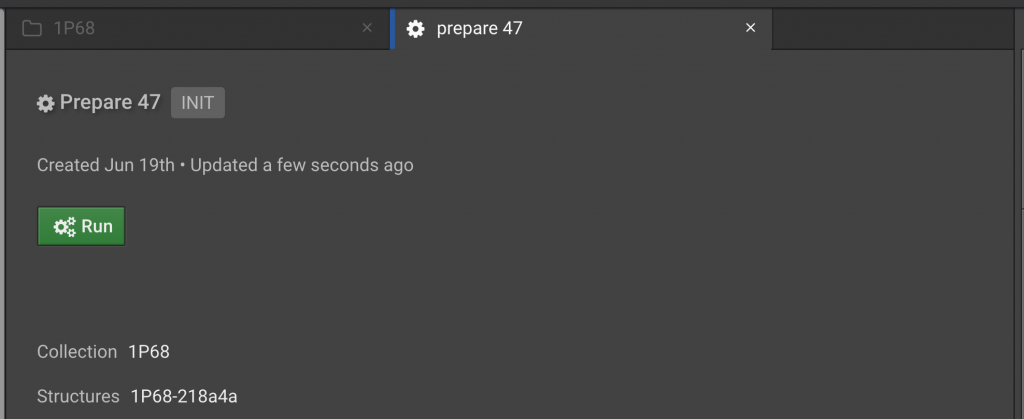 The Prepare UI tab showing a Run button and the collection ID 1P68