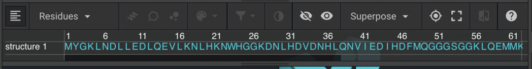 The sequence view UI, with the structure viewer buttons at the top, and the protein sequence directly below. The sequence is labelled 'sequence 1', and has a scale bar with amino acid indices every 5 residues