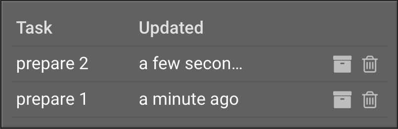 The tasks UI showing 'prepare 2' updated a few seconds ago and prepare 1 updated a minute ago. There are 'archive' and 'delete' buttons to the right of each task