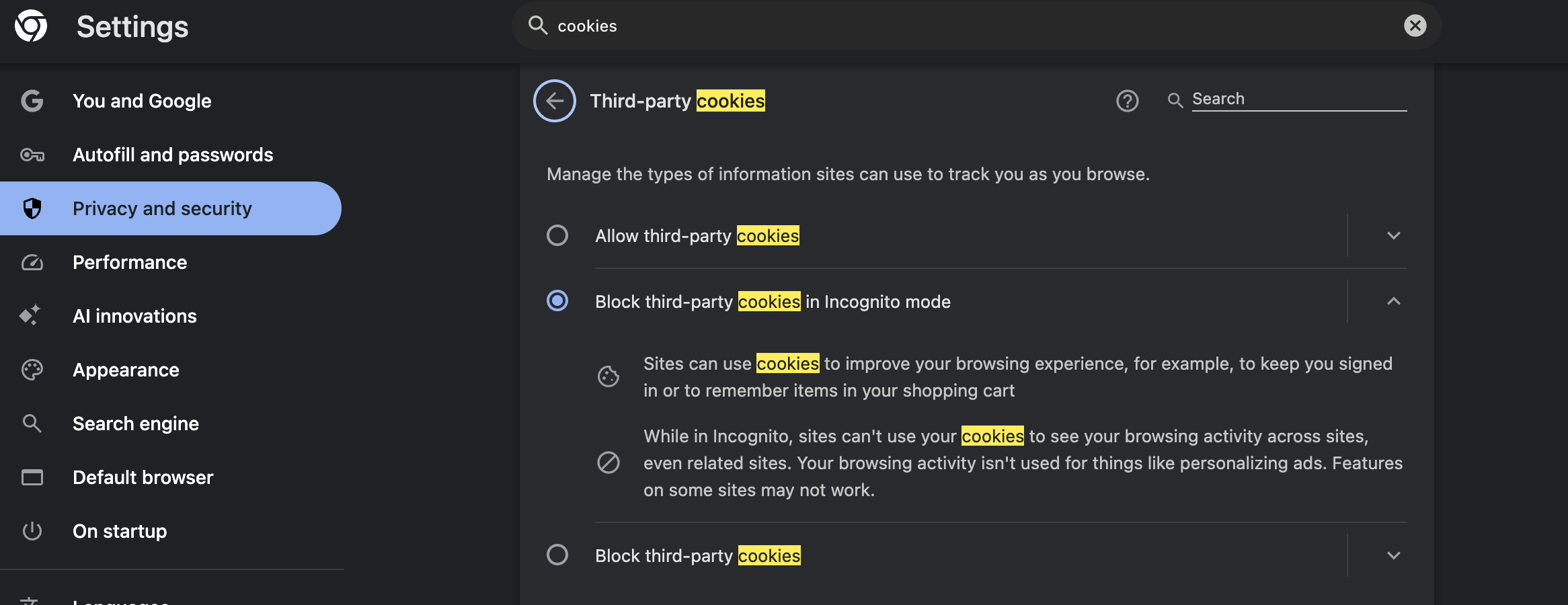 Chrome cookie settings