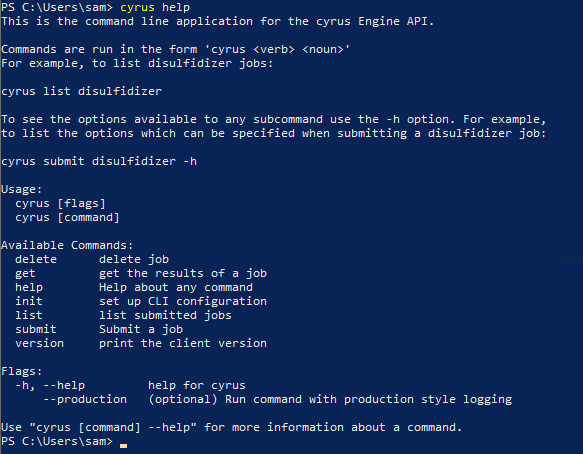 A windows terminal window showing the levitate help file