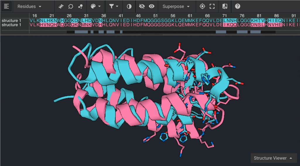 The two structures overlayed, with both sequences displayed, and the differing residues highlighted in sequence view and displayed as sticks in the viewer