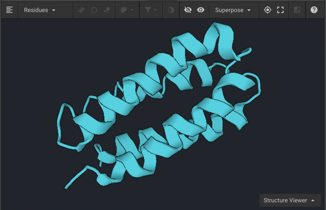 a cartoon model of 1p68, which is a 4 helical bundle. Above the cartoon model are a set of control icons